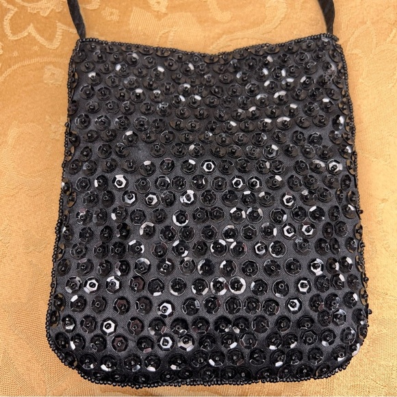 Black Sequin Small Purse Crossbody  Event Party Formal Glam Goth Retro Pinup - Picture 4 of 11